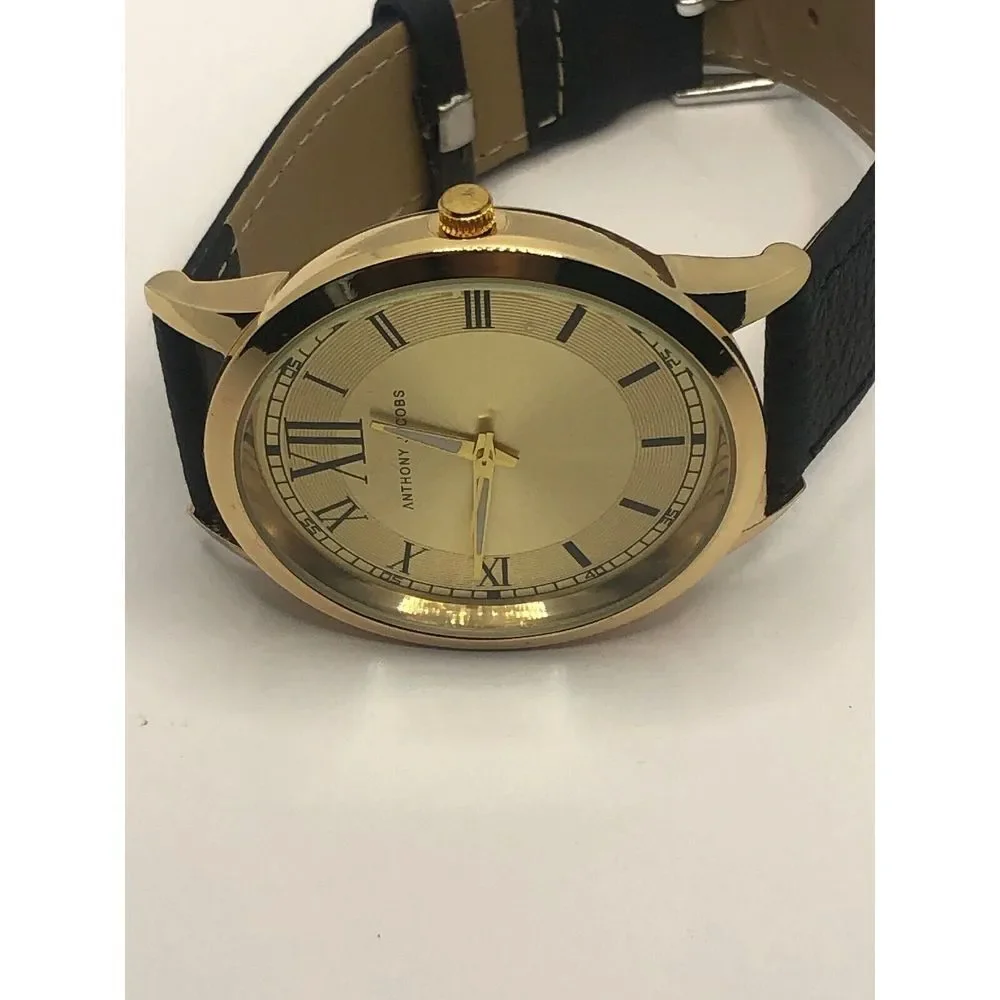 Anthony Jacobs Unisex Black Leather Analog Gold Dial Quartz Genuine Watch OP11